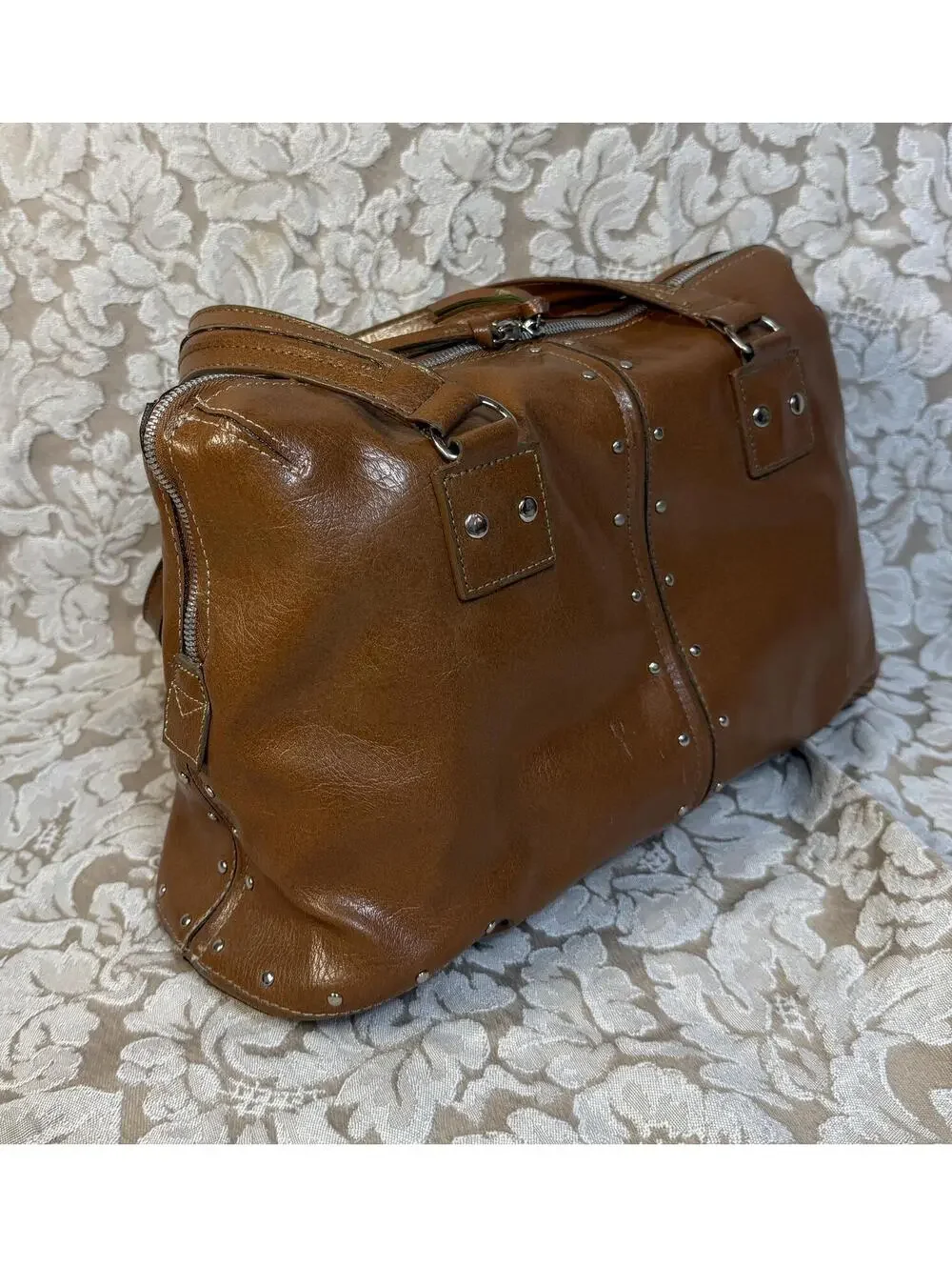 Brown Man Made Leather Handbag with Silver Stud Accents 10by12 in